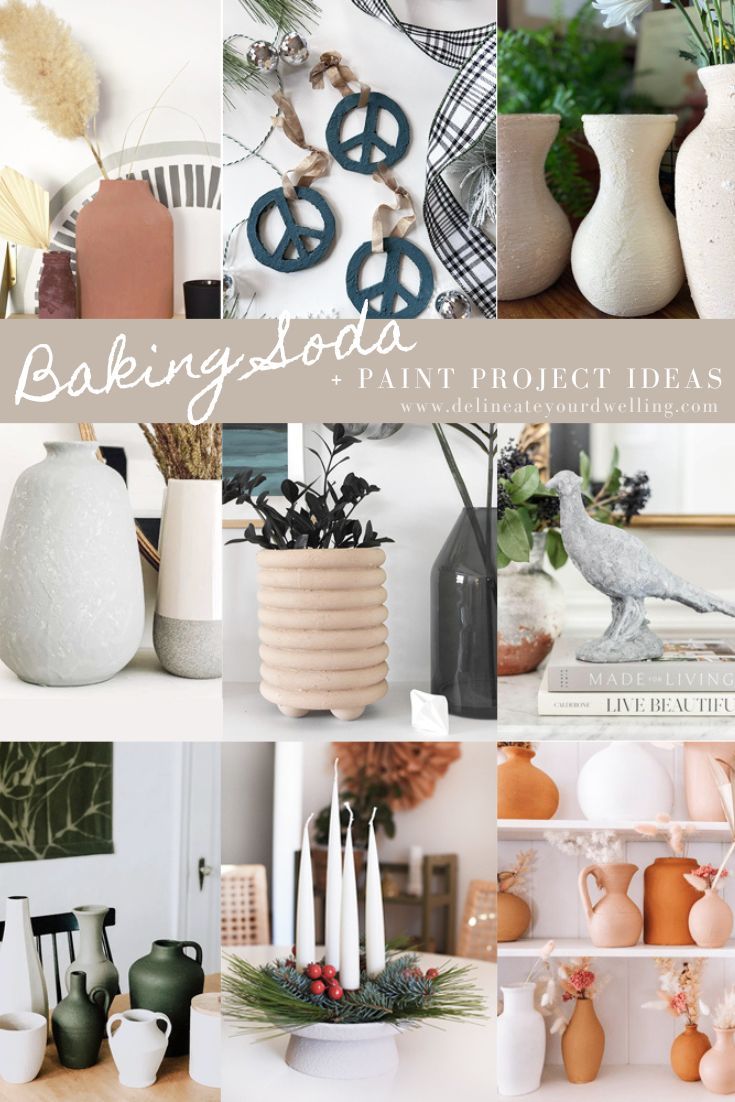 there are many different vases on the shelves in this collage with words baking soda paint project ideas