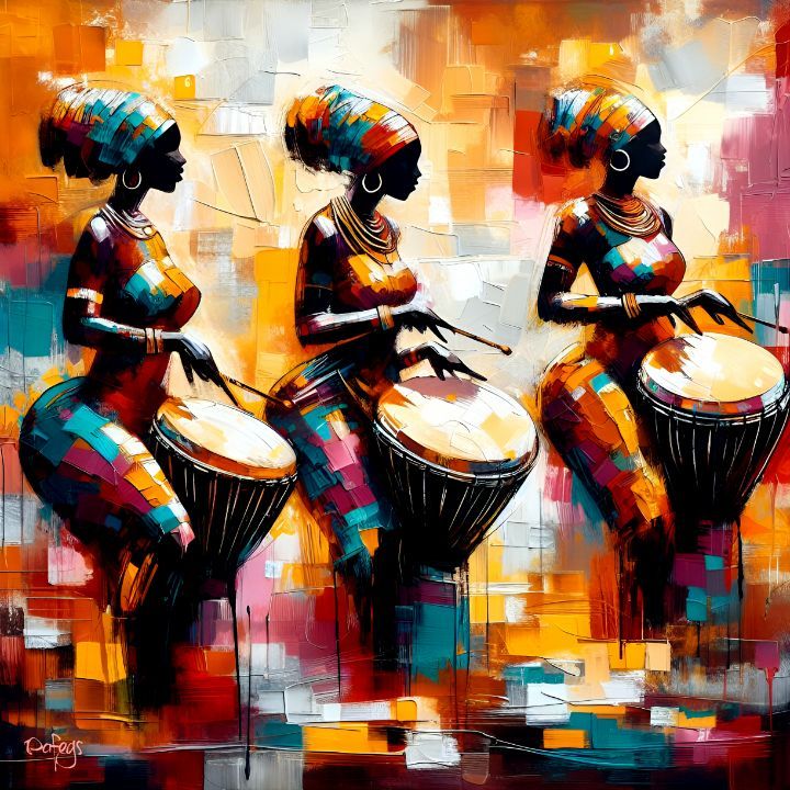 three african women playing drums in front of an orange background