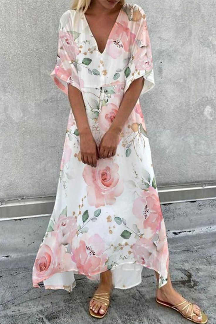 Half Sleeve Dress Casual, Cheap Maxi Dresses, Womens Long Dresses, Floral Dress Casual, Dress Stores Online, V Neck Midi Dress, Half Sleeve Dresses, Dresses By Length, Print Dresses