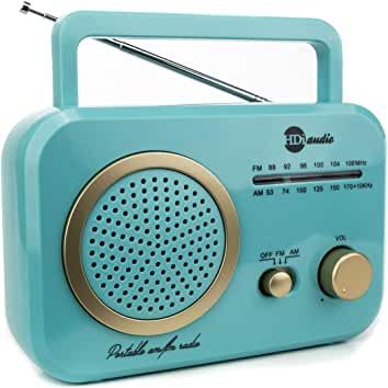 the radio is blue and has gold trims on its front side, with an antenna attached to it