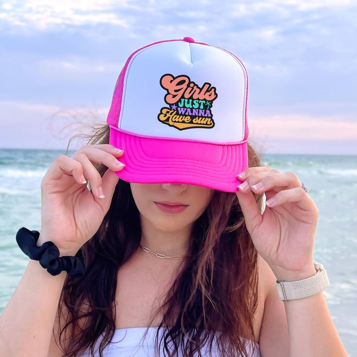 OUT OF STOCK AT THE MOMENT SORRY FOR THE INCONVENIENCE**The "Girls Just Wanna Have Sun" trucker hat is the perfect accessory for any tropical bachelorette party or beach day. This women's trucker hat features a fun and retro design that is sure to turn heads. The phrase "Girls Just Wanna Have Sun" is prominently displayed in bold, eye-catching letters, adding a touch of humor and playfulness to the design. The hat features a mesh back that provides ventilation and helps keep you cool on hot summ Hawaiian Hats, Bachelorette Party Hat, Bachelorette Party Accessories, Tropical Bachelorette, Camo And Red, Baseball Cap Summer, Christian Hats, Beach Bachelorette, Girl Beach