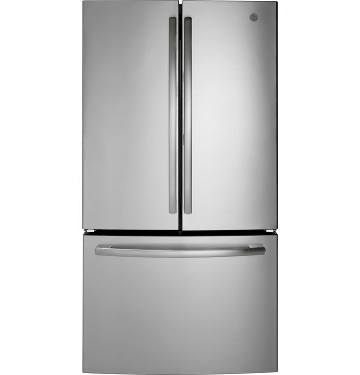 a silver refrigerator freezer sitting next to a white wall