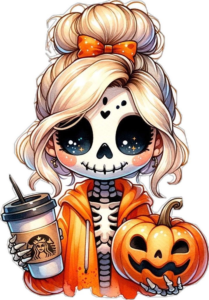 a drawing of a skeleton girl holding a starbucks cup and wearing a hairdow