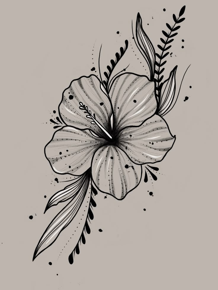 a black and white drawing of a flower with leaves on it's side,