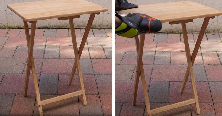 two pictures of a wooden table with shoes on it