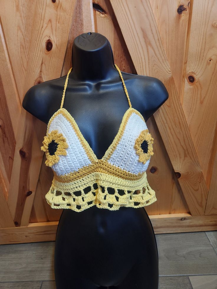 Get your sunflower love & a taste of summer all in this top! Handmade with love, this beauty ties on the neck and back for closure. Made with 100% cotton. Can be used as a swim top or a crop top. Care recommended: handwash & dry on low. Colors may run. Sunflower Love, Cropped Tops, Cropped Tube Top, Crochet Crop Top, Summer Crochet, Swim Top, Tube Top, Womens Clothing Tops, Knit Crochet