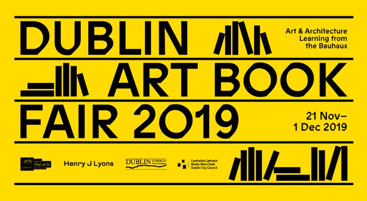 the poster for dublin art book fair is shown in black and yellow, with an image of