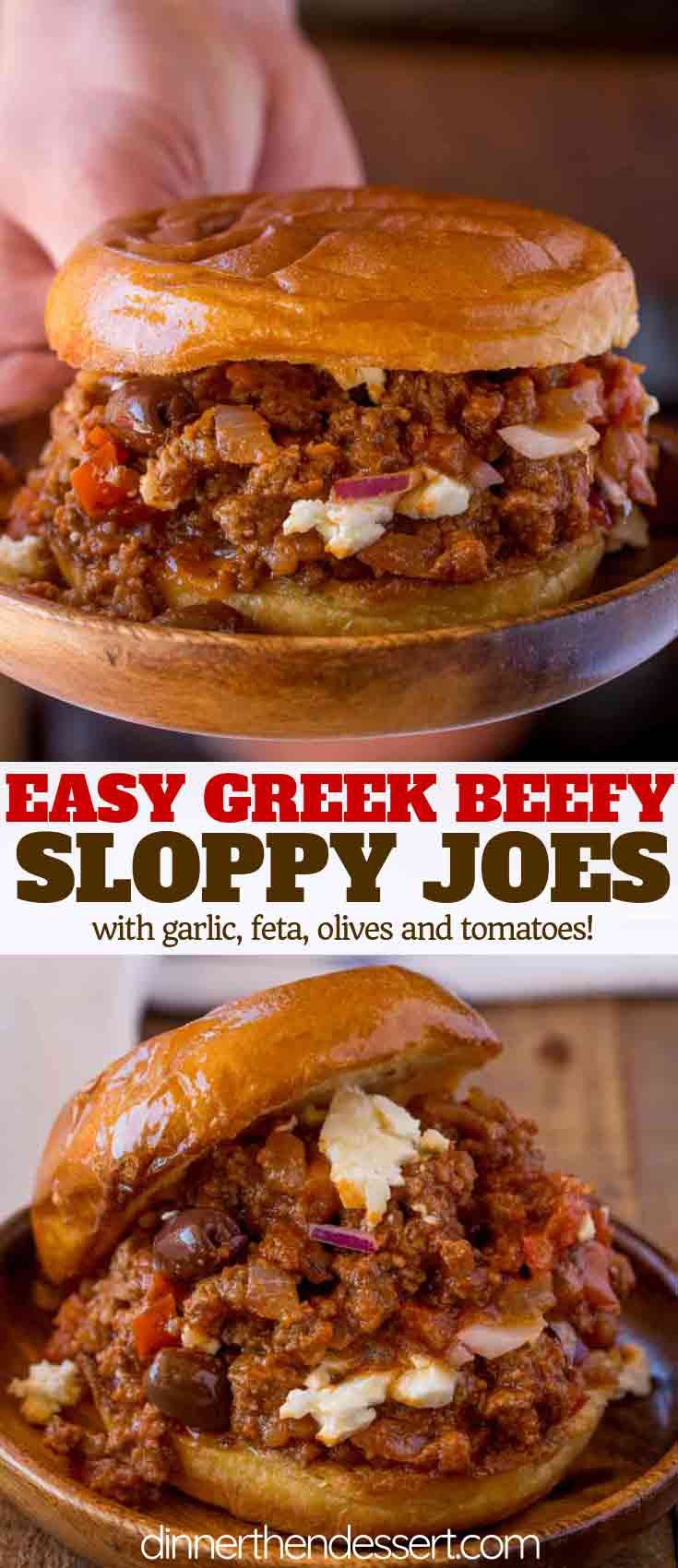 this easy beef sloppy joes recipe is made with garlic, feta, olives and tomatoes