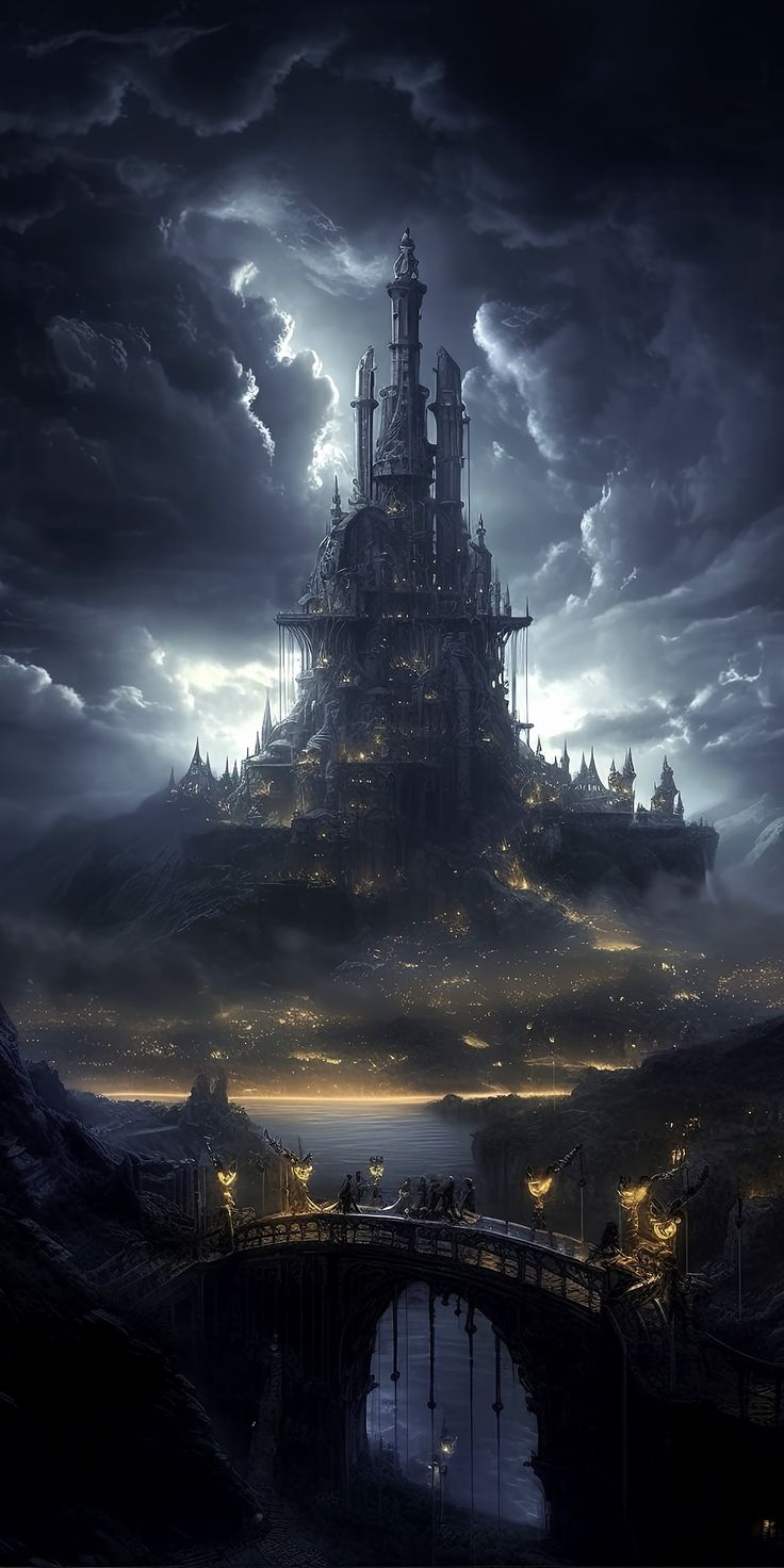 an image of a castle on top of a hill in the sky with dark clouds