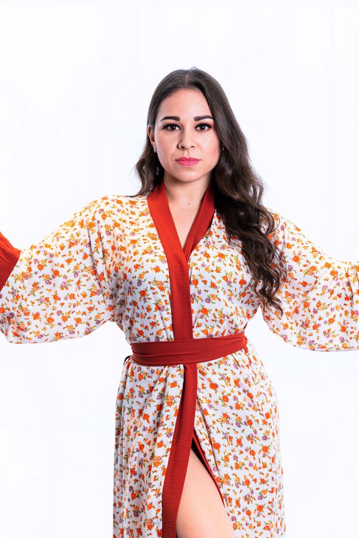 floral kimono dress for mothers gift Red Spring Robe For Loungewear, Red Robe With Kimono Sleeves For Spring, Brown Kimono With Kimono Sleeves For Spring, Orange Kimono For Vacation With Kimono Sleeves, Orange Kimono, Elegant Loungewear, Floral Gown Dress, Cotton Dressing Gown, Green Kimono