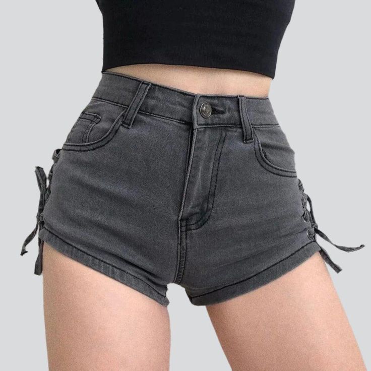 Make a vibe statement with our 2023 Summer Collection of skinny shorts with side drawstrings. These mid-waist. rock-washed shorts boast trendy features like a zipper and button closure. making them the perfect combination of conventional and contemporary.Why These Shorts Should Be Your Next PurchaseThese shorts are a must-have for your wardrobe! They are the perfect balance of comfort and style. allowing you to look fashionable and feel carefree at the same time. The unique design is sure to tur Outing With Friends, Unique Looks, Jeans For Short Women, Cropped Denim Jacket, Confidence Boost, Denim Shorts Women, Formal Attire, Cropped Denim, Casual Clothing