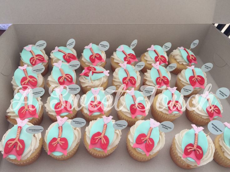 a box filled with lots of cupcakes covered in frosting and bow decorations