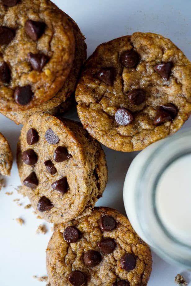 chocolate chip cookies next to a glass of milk