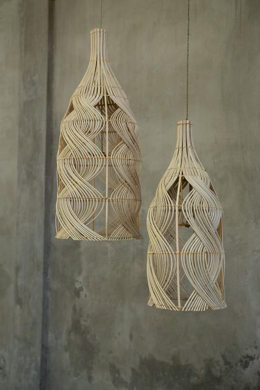 two hanging lights made out of woven material, one is white and the other is beige