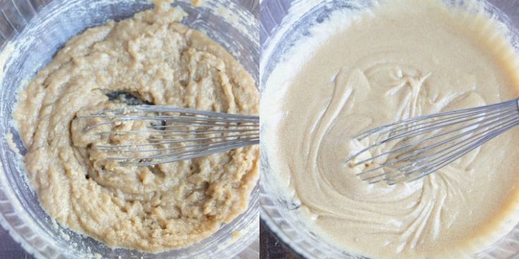 two bowls filled with batter and whisk in them on top of a table