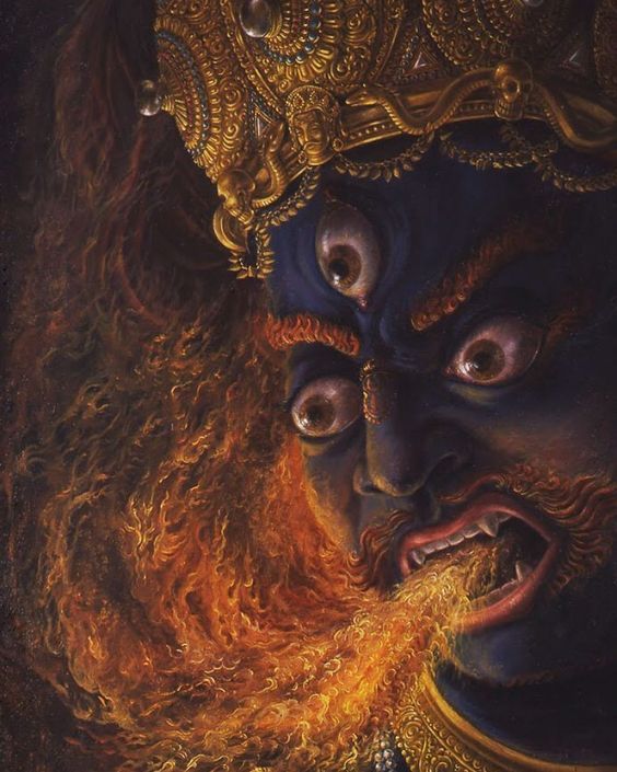 a painting of a demon with large eyes and gold hair on his head, in front of a black background