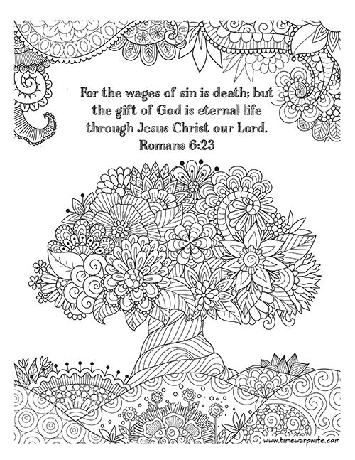 an adult coloring book with flowers and bible verses on the page, which reads for the