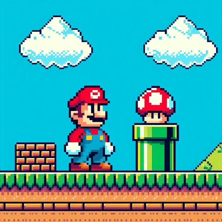 an old - school video game with mario and luigi on the platform, in front of some clouds