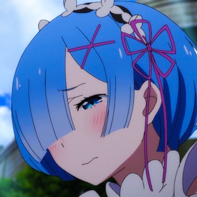 an anime character with blue hair holding her hand up to her face and looking at the camera