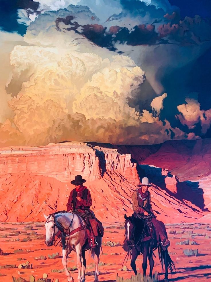 two men riding horses in the desert under a cloudy sky, with an orange background