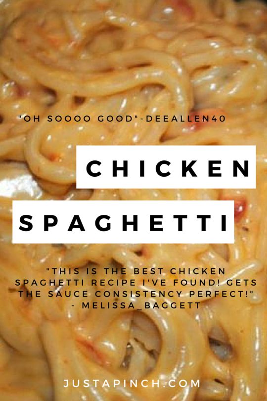 the words chicken spaghetti are in front of an image of noodles and sauce on top