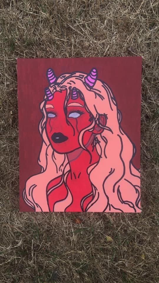 a painting of a girl with pink hair and unicorn horns on it's head