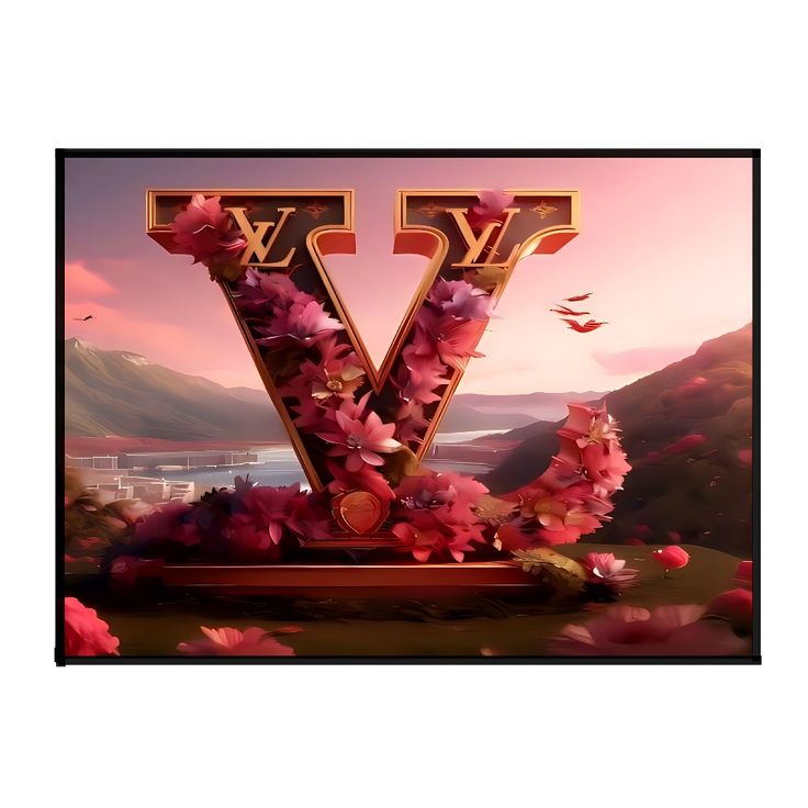 the letter v is surrounded by pink flowers