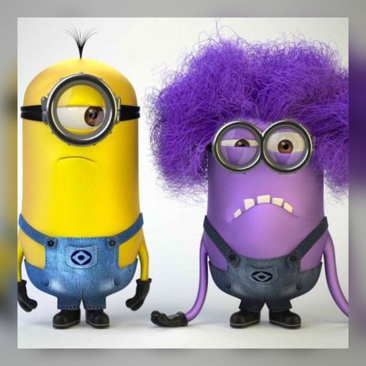 two minion characters with purple hair and glasses