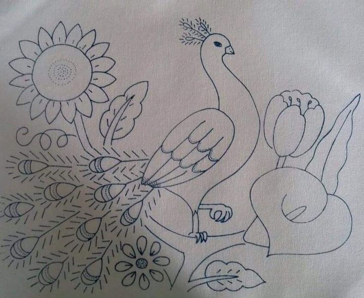 a drawing of a bird and flowers on a white cloth