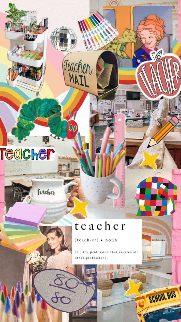 a collage of school related images with the words teacher on them