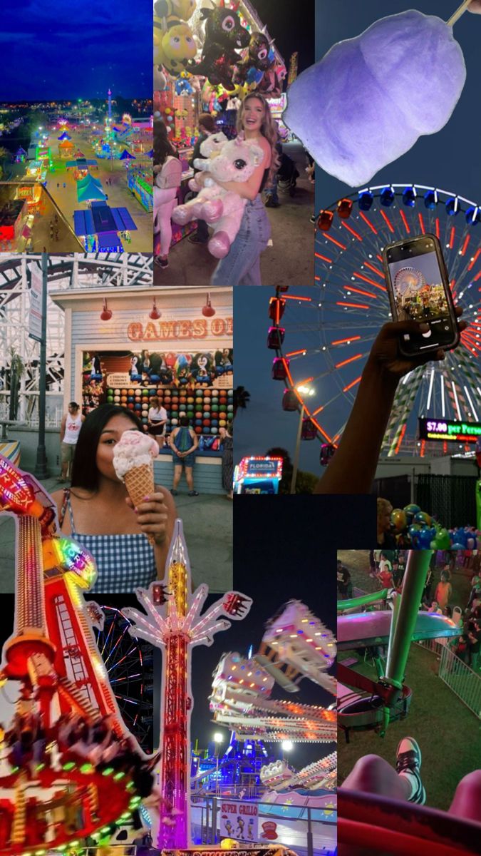 a collage of photos with carnival rides, ferris wheel, and people taking pictures