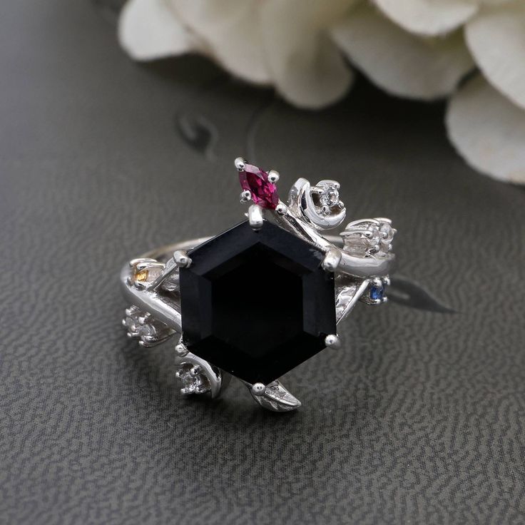 Black Spinel Ring, Wedding Ring, 925 Sterling Silver Ring, Hexagon Cut Gemstone Ring, Engagement Ring, Women Jewelry, Birthday Gift for Her Metal - 925 Sterling Silver Stone - Black Spinel, Multi Sapphire & Rhodolite Garnet Size - Hexagon: 10 mm., Marquise: 4.00X2.00 mm., Round: 1.50X1.50 mm. We accept custom orders too Ring Hexagon, Black Spinel Ring, Engagement Ring Women, Spinel Ring, Multi Sapphire, Black Onyx Ring, Jewelry Birthday, Rhodolite Garnet, Black Spinel