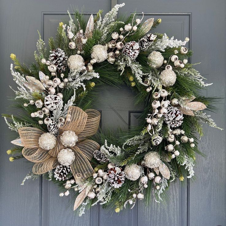 a christmas wreath is hanging on the front door