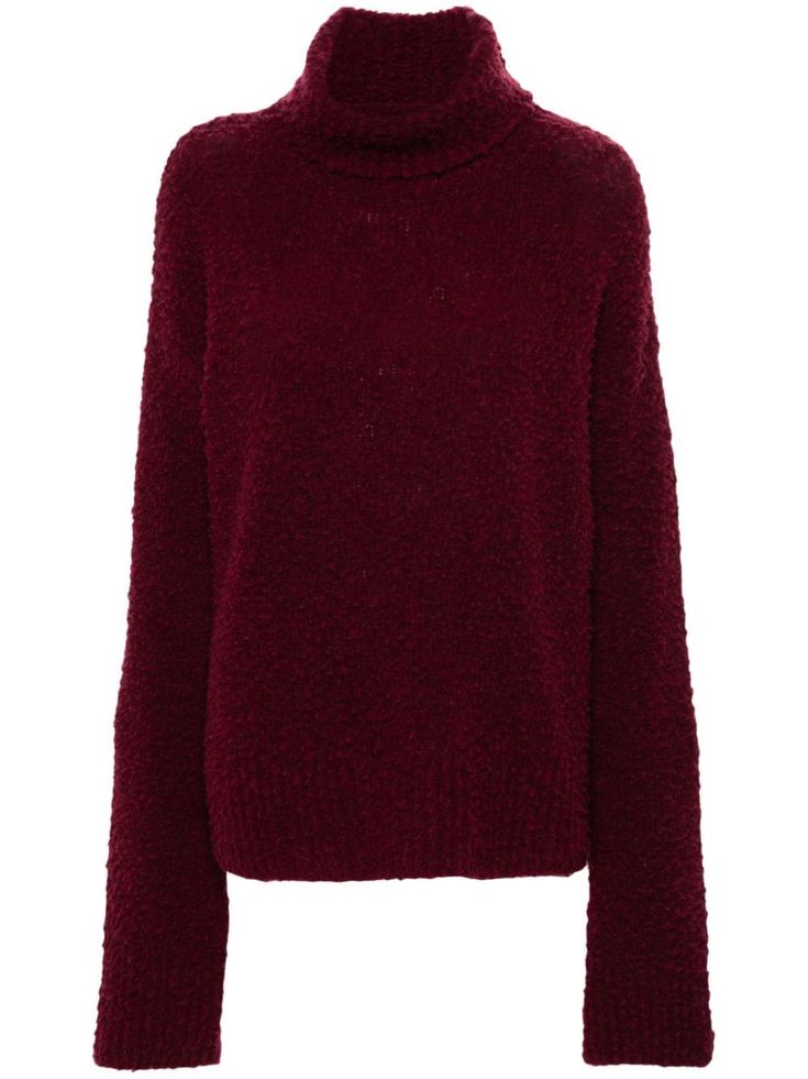 wine red wool-cashmere blend chunky knit roll neck long sleeves straight hem Winter Wool Textured Knit Turtleneck, Winter Textured Wool Turtleneck, Red Merino Wool Sweater For Fall, Fall Merino Wool Textured Turtleneck, Fall Textured Merino Wool Turtleneck, Fall Textured Knit Merino Wool Turtleneck, Red Soft Knit Turtleneck Sweater, Winter Textured Knit Cashmere Turtleneck, Winter Burgundy Turtleneck Sweater