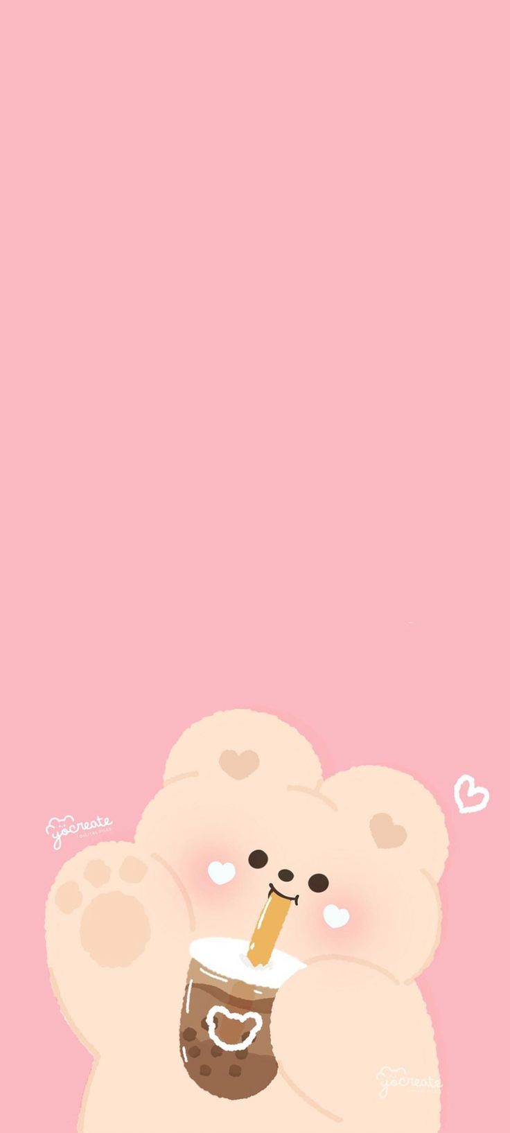 a teddy bear holding a cup with a drink in it's mouth on a pink background