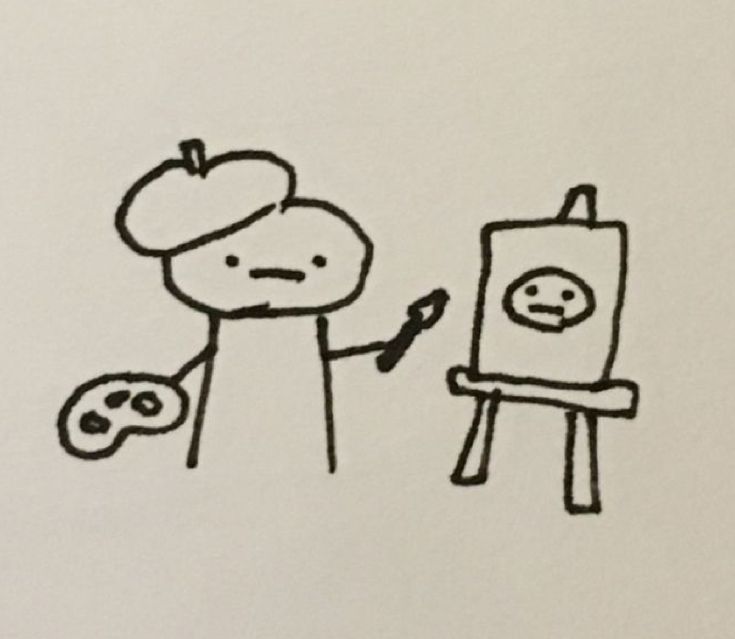 a drawing of a person with an apple on his head next to a small easel