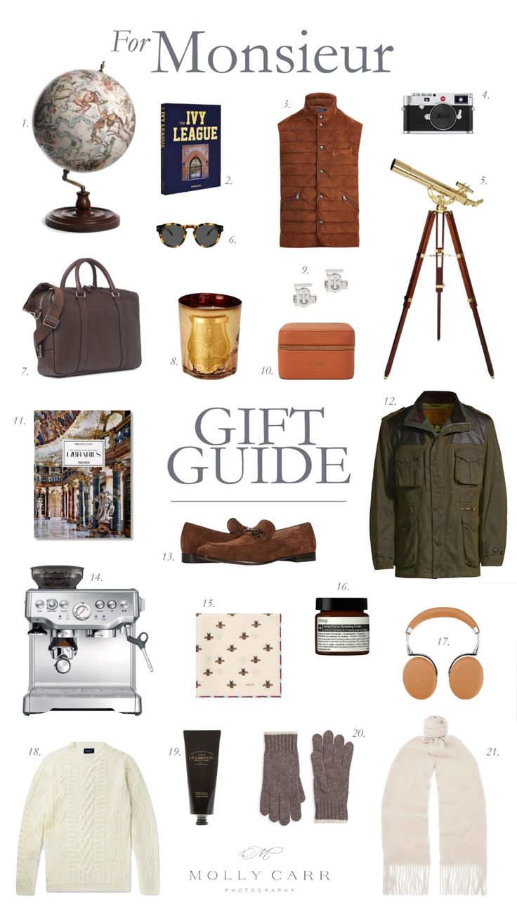 the gift guide for men is shown in this image, including sweaters and accessories