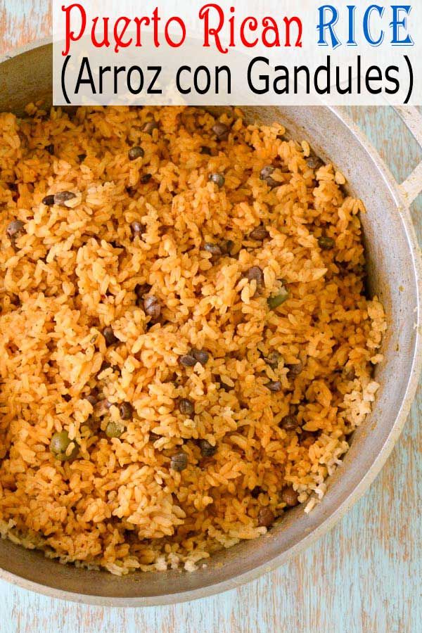 a close up of rice in a pan with the words puerto rican rice arroz con gandules