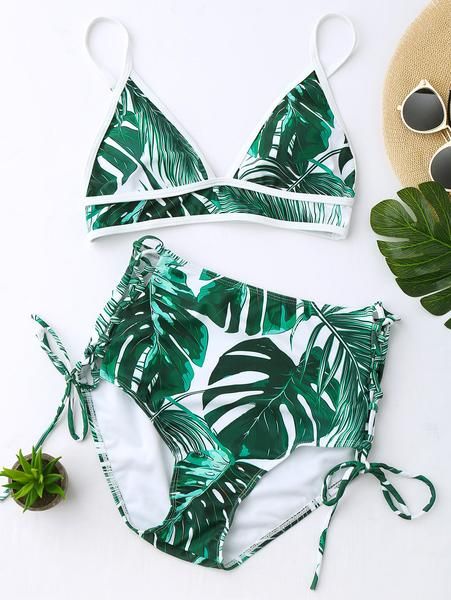 Push Up Swimsuit, Swimwear High Waisted, Tropical Leaf Print, Tropical Leaf, Padded Bra, Beach Wear, Leaf Print, High Cut, Street Styles