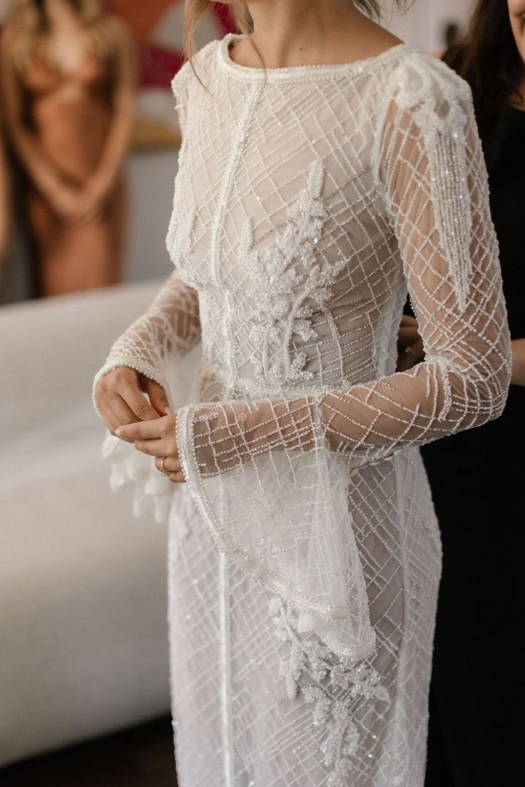 Bride wearing J.Andreatta wedding gown Bridal Gown Inspiration, Mode Zara, Lace Wedding Dress Vintage, Dream Wedding Ideas Dresses, The Cafe, Engagement Dresses, Wedding Mood, Wedding Dress Sleeves, Wedding Dress Inspiration