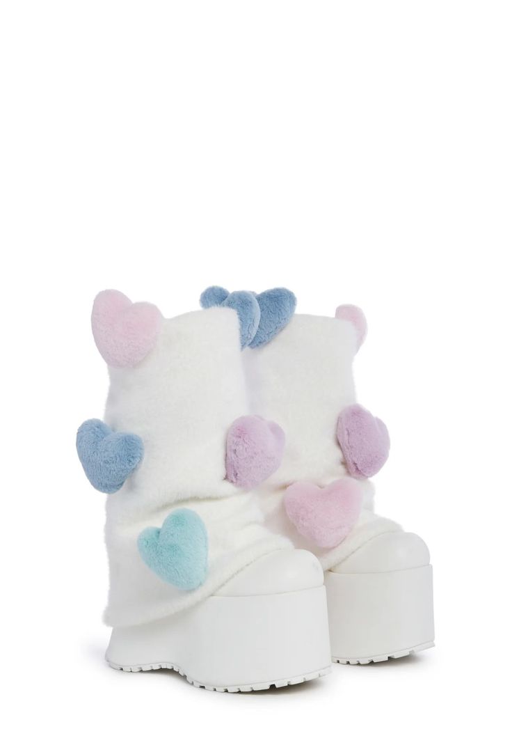 Snuggle Wonderland Platform Boots Cheap Platform Boots, Cinnamon Roll Shoes, Plus Size Leg Warmers, Pastel Kidcore Clothes, Cute Chunky Shoes, Cool Shoes Women, Heart Platform Boots, Dolls Kill Boots, Puffy Boots