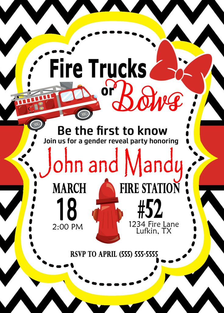 a firetruck birthday party with chevron black and white background, red ribbon, and yellow border