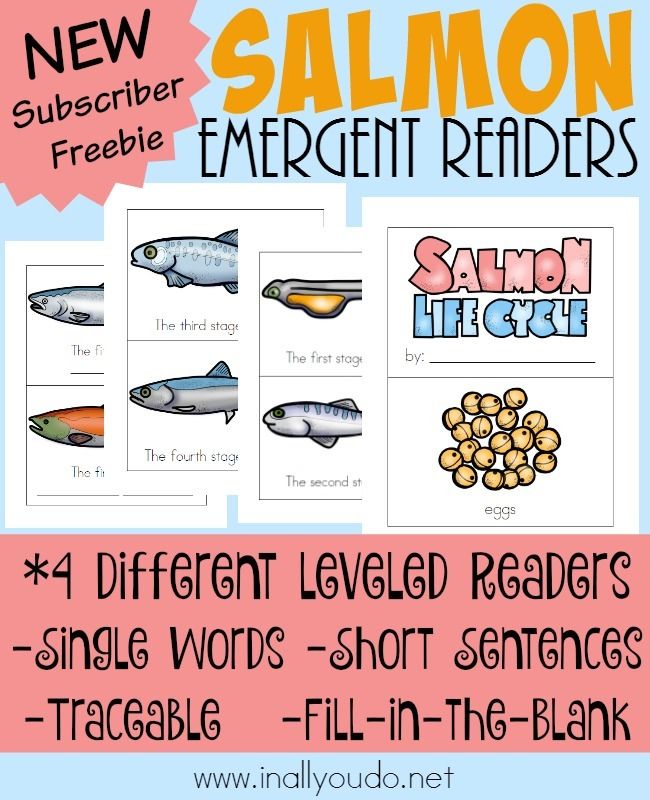 salmon emerger reader with four different levels to read and fill in the blanks