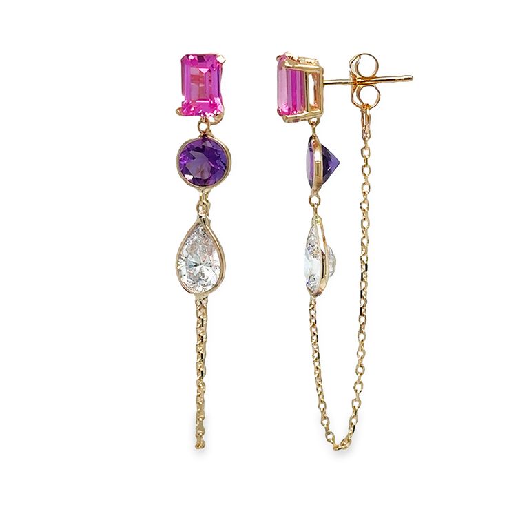 These earrings feature a delightful combination of emerald, round, and drop gemstones suspended on a 14k yellow gold chain. Gemstones Earrings, Pink Topaz, Sell Gold, Dope Jewelry, Yellow Gold Chain, Jewelry Lookbook, White Topaz, Gemstone Earrings, Jewelry Crafts