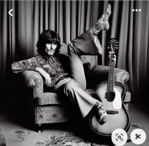 a man sitting on top of a chair with a guitar in front of his feet