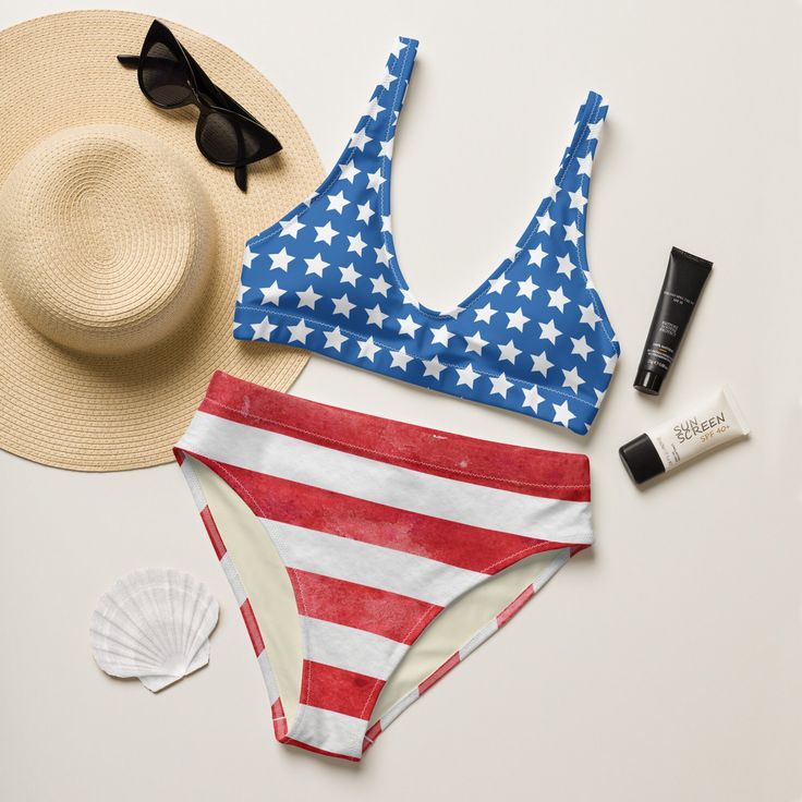 It's so easy to fall in love with this one of a kind sustainable "Retro Red, White, & Blue" high waisted bikini set. Enjoy the smooth fabric and the flattering design, and show it off at the beach or by the pool! Removable pads and its double-layer make it comfy to wear all day by the pool or beach. It's made from soft recycled polyester with double-layering and UPF 50+. * Soft and stretchy material with UPF 50+ * Sizes up to 6XL * Bikini top comes with removable padding for comfort * Multiple w Nautical Swimwear For Beach Season, Nautical Swimwear For Beach Season And Poolside, Nautical Swimwear For Poolside And Beach Season, Nautical Swimwear For Poolside Summer, Nautical Style Swimwear For Poolside Summer, Nautical Swimwear For Poolside And Summer, Nautical Swimwear For Poolside In Summer, 4th Of July Triangle Top Swimwear For Pool, 4th Of July Red Beachwear Swimwear