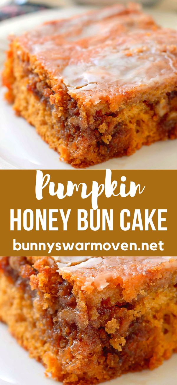 two pieces of pumpkin honey bun cake on a white plate with the words, pumpkin honey bun cake