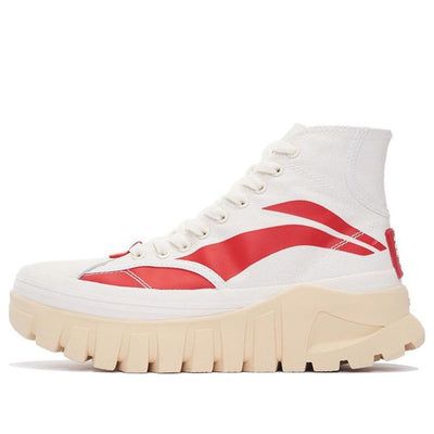 (WMNS) Li-Ning Wave Boot 'White Red' AZGS090-1 Red Lace-up High-top Sneakers For Spring, Red High-top Canvas Shoes For Spring, Red High-top Sneakers For Spring, Red Sneakers With Vulcanized Sole For Spring, Red High-top Sneakers With Round Toe For Spring, Spring Red Lace-up High-top Sneakers, Red High-top Sneakers For Summer, White High-top Canvas Shoes With Red Sole, High-top White Canvas Shoes With Red Sole