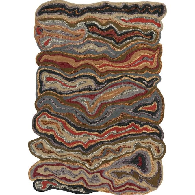 a multicolored area rug with wavy lines on the top and bottom of it