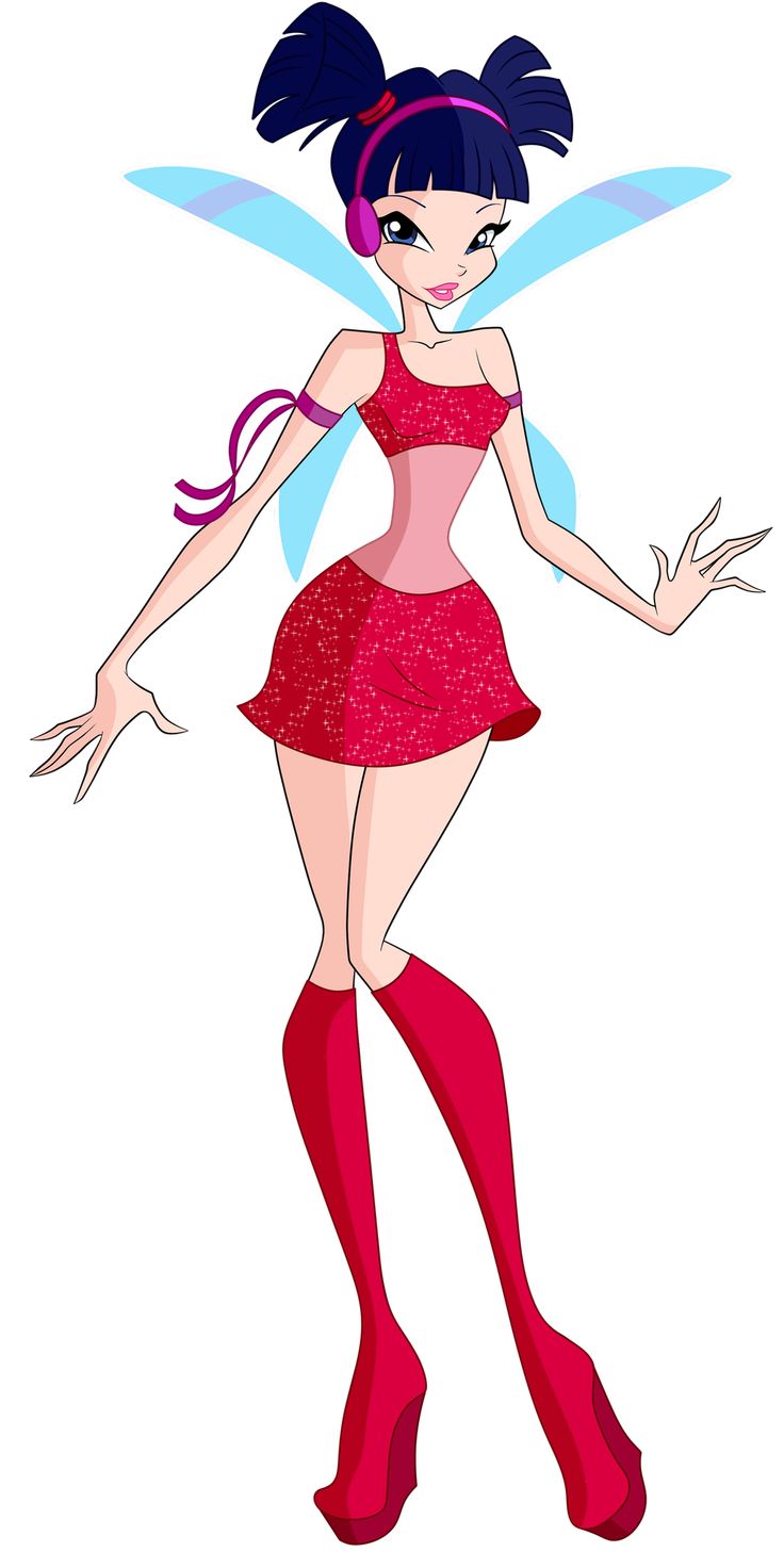 a cartoon fairy with long hair and red boots, standing in front of a white background